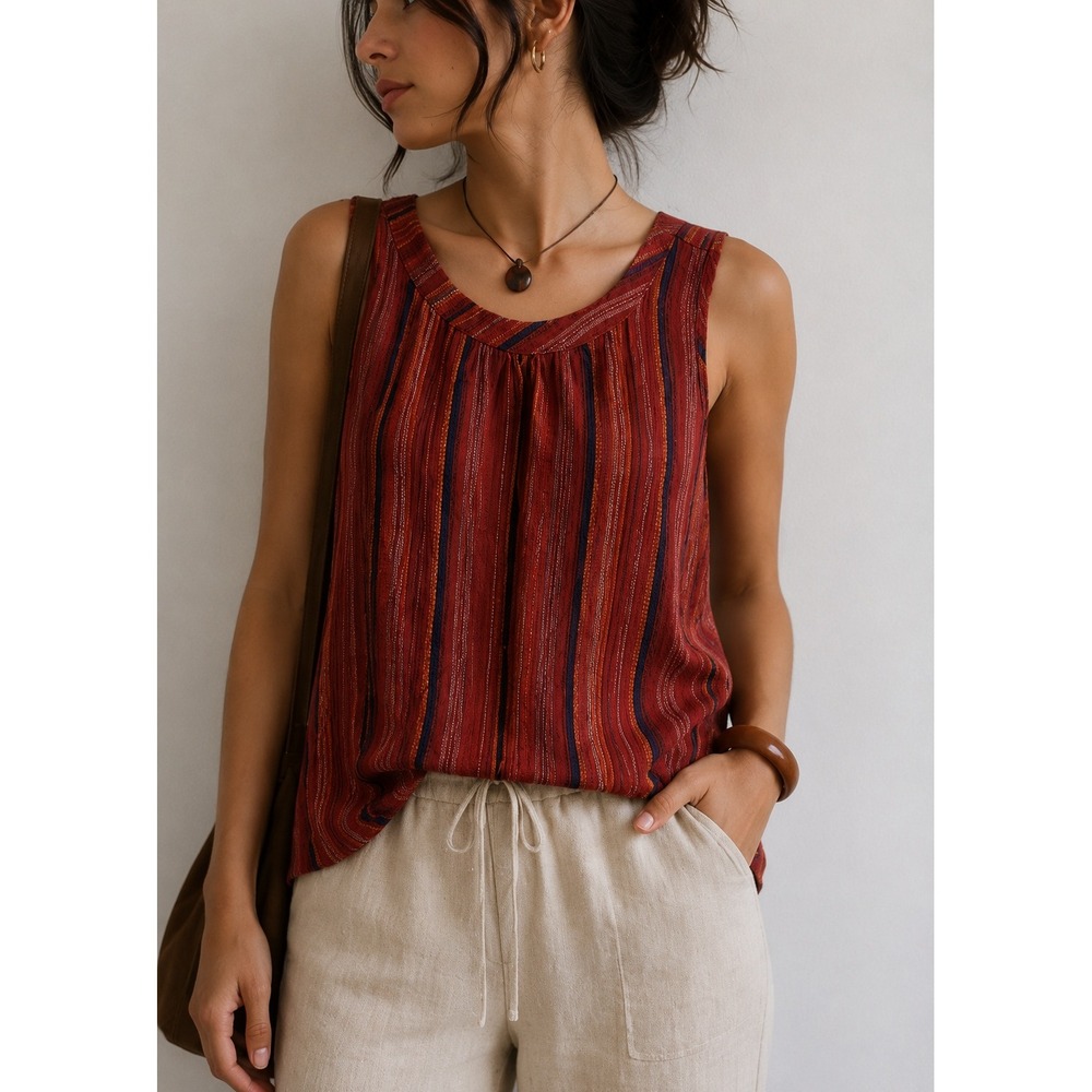 Monteau Los Angeles Boho Striped Sleeveless Tank Top S Rayon Handkerchief Hem‎ ✨